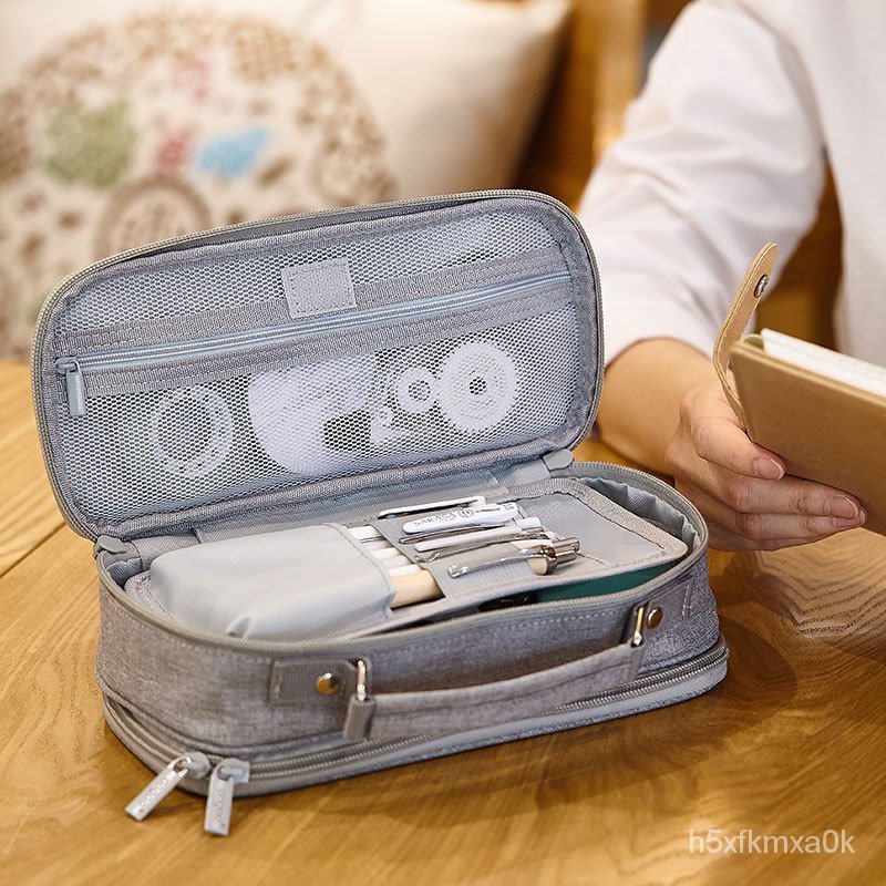 

Canvas Double Layer Pencil Case Large Capacity School Student Kids Make Up Bag Pen Box Pouch Pencil
