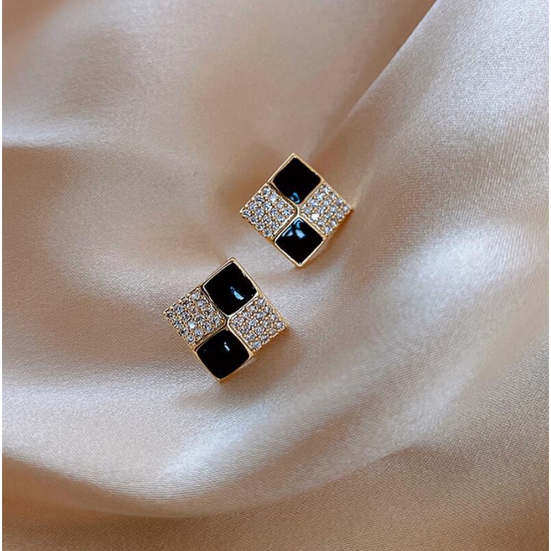 925 Perak needle small square hitam anting-anting untuk wanita dingin gaya anting-anting anting-anti