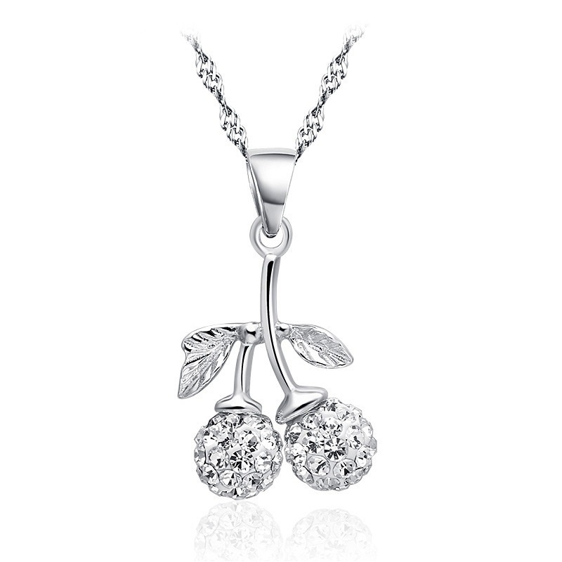 [Ready Stock]Fashion Personality Cherry Diamond Pendant Silver Necklace