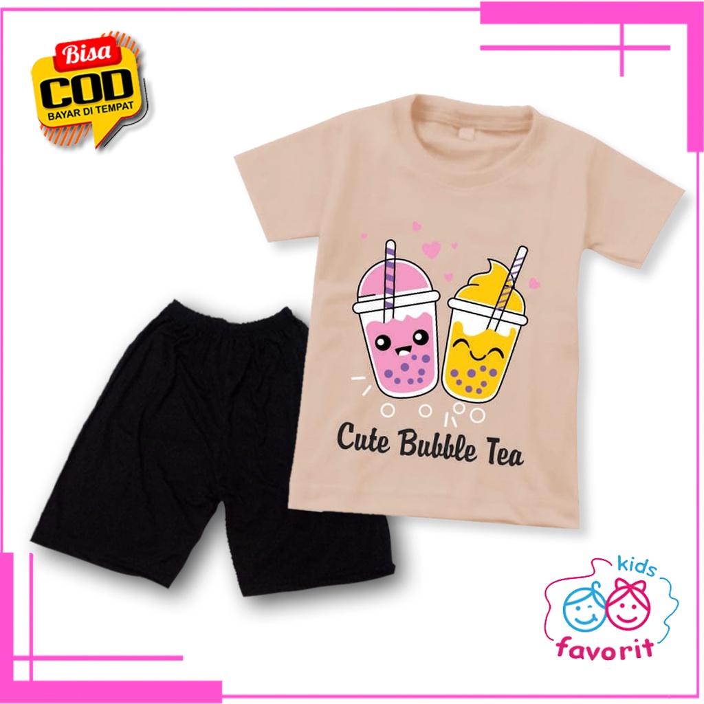 Favorit kids setelan baju anak perempuan lengan pendek gambar cute bubble boba