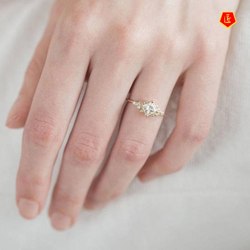 [Ready Stock]Inlaid Square Diamond Ring 14K Gold Simple Personality