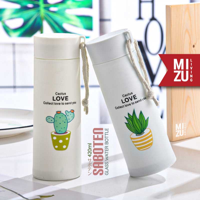 MIZU SABOTEN Glass Water Bottle Botol Air Minum Kaca BPA-Free Tumbler Kaktus