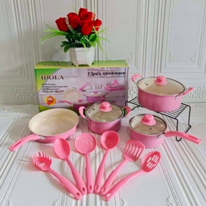 COOKWARE 13PCS ALAT MASAK 13 PIECES PAKET WAJAN SPATULA KOMPLIT WARNA-PINK 13 IN1