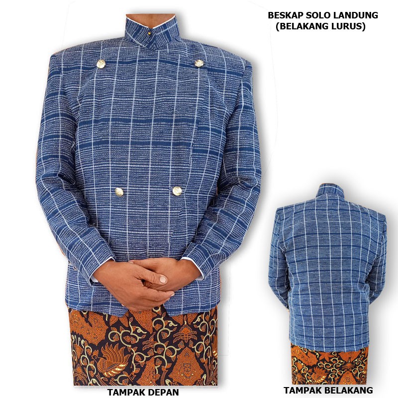 Beskap Solo Landung - Belakang Lurus - Bahan Tenun Premium Biru