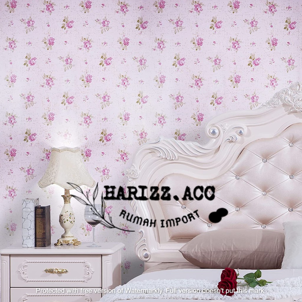 Wallpaper stiker dinding motif bunga kecil dasar pink