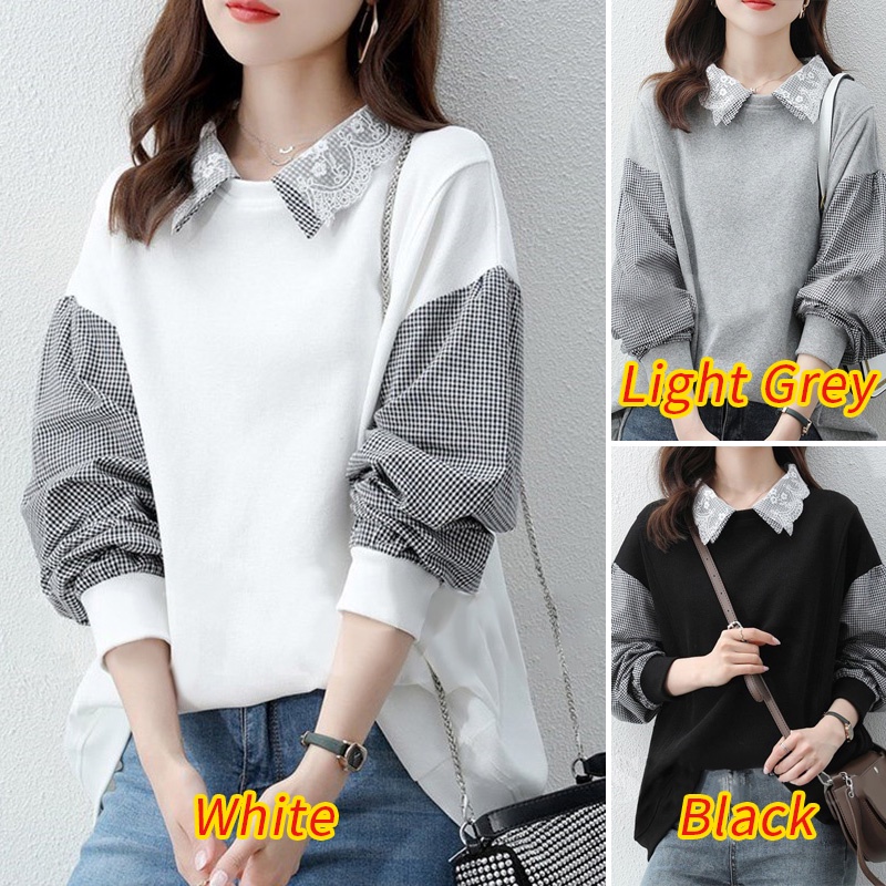 ZANZEA Women Puff Sleeved Plus Size Loose Sweatshirts Elegant Patchwork Blouse