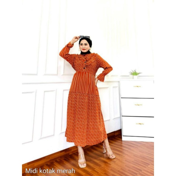 gamis wanita Midi dress rayon viscos motif salur pakaian wanita kekinian busui kancing warna biru kuning hijau ungu