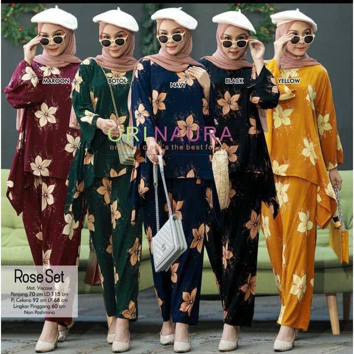 ONE SET WAKA WAKA ROSE  SET RAYON   SETELAN RAYON  PIYAMA RAYON  SET WANITA  SETELAN WANITA KEKINIAN (GROSIR )