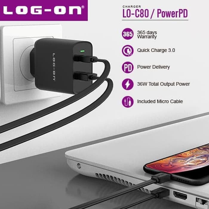 CASAN CHARGER LOG ON LO-C80 QUALCOM QUICK CHARGER 3.0 PLUS POWER DELIVERY USB C