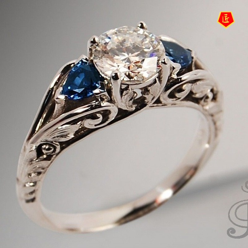 [Ready Stock]Sapphire Ring Inlaid Diamond New Simple and Elegant