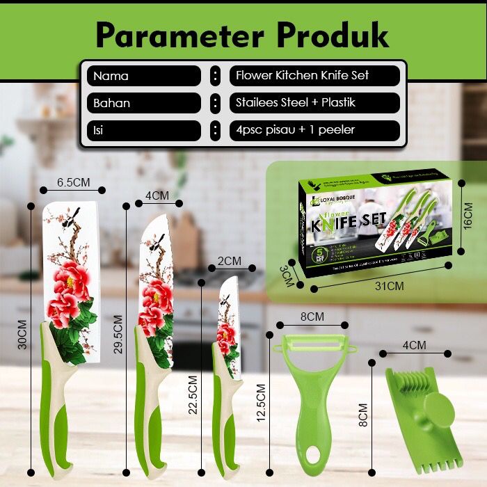 Pisau Dapur Set Rose Green/ Pisau Serbaguna/ Set Pisau Dapur Murah / Pisau Dapur Lengkap 5in1