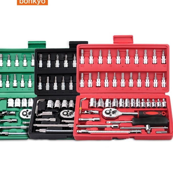 ➶ bonkyo Kunci SOK 46 PC Set Socket (1/4 ") Full Lengkap Socket Tool Kit Pas Ring L Motor Mobil ☑