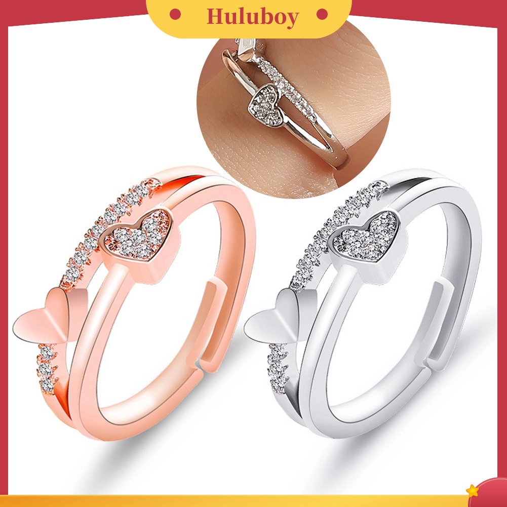 Hu Hu Hu Hu Hu Alat Bantu Pasang Kacamata♡ Cincin Model Terbuka Desain Hati Ganda Hollow Hias Berlian Imitasi Untuk Wanita