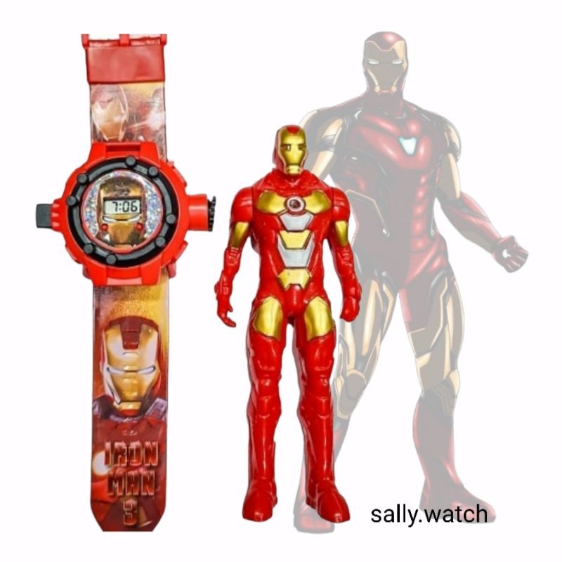 JAM TANGAN ANAK LAKI LAKI IRON MAN LAMPU PROYEKTOR 1 SET DENGAN MAINAN