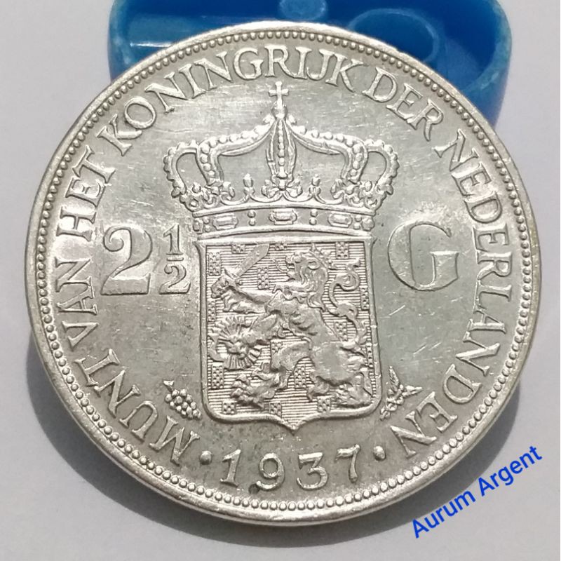 SWILH2.5G-12.. 1 PC KOIN PERAK KUNO ASLI 2.5 GULDEN WILHELMINA TH 1937.  -- SILVER COIN --