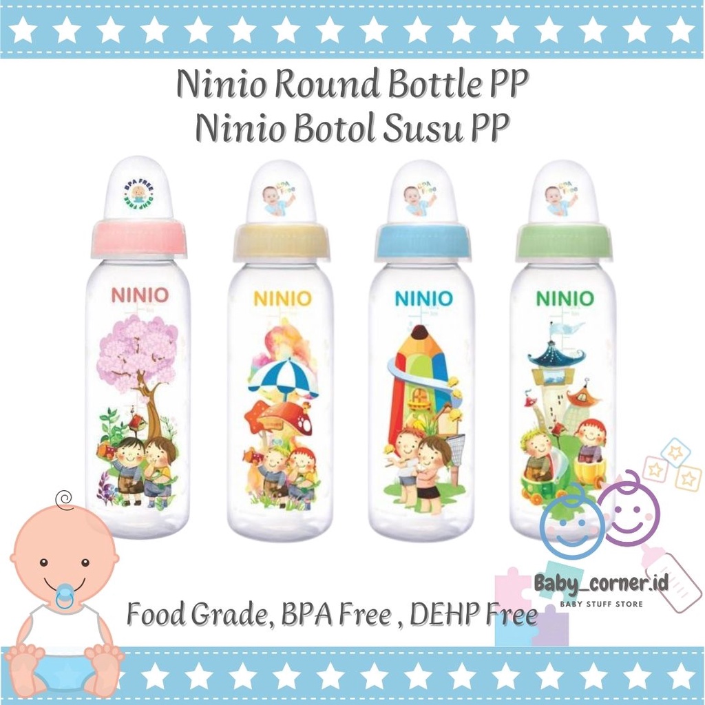 Ninio Round Bottle PP Dot Susu Bayi Anak Bulat BPA FREE &amp; SNI-Botol Susu Murah Bahan Tebal