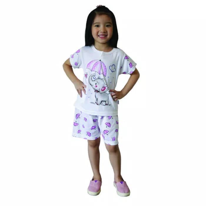 [3 set] Kazel Setelan Pendek Girl Elephant | Baju Stelan Bayi dan Anak Perempuan 0-6 Tahun