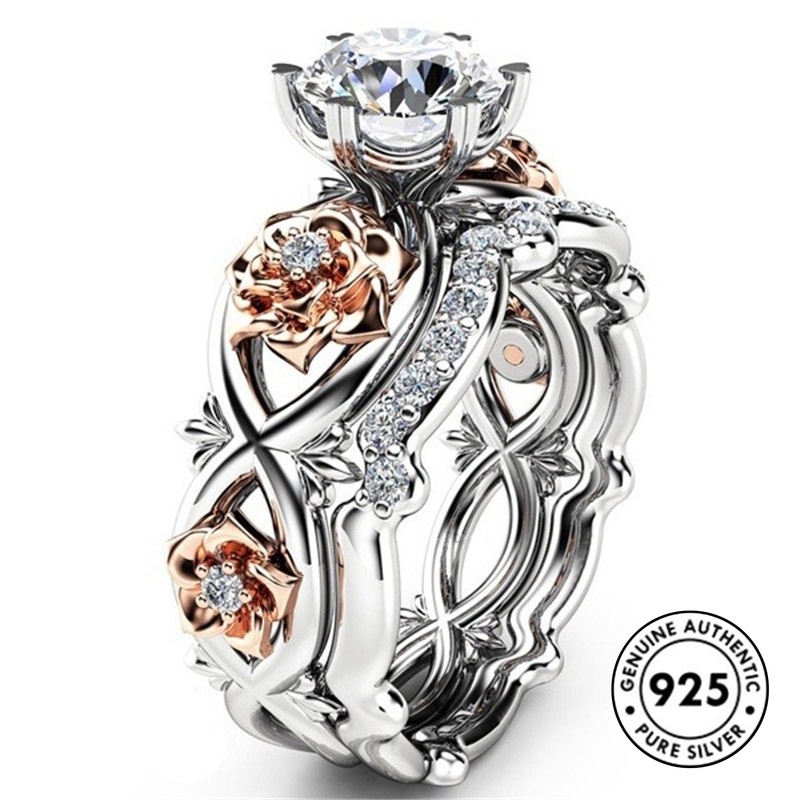 Cincin Sterling Silver 925 Desain Bunga Mawar Hias Berlian Imitasi Elegan Untuk Wanita