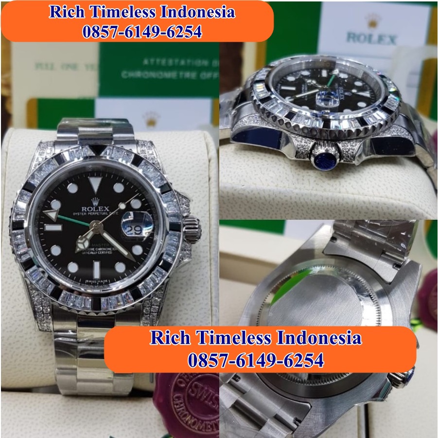 Big Sale  Jam Tangan Pria Keren Rolex Gmt Master Ii Stainlees Silver Diamond Blue Dial Black Swiss E