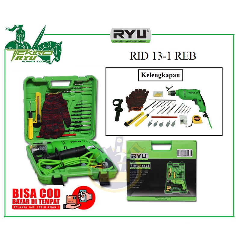 RYU RID13-1REB Impact Drill Set Box Mesin Bor 13 Mm 13mm Impact Drill Plus KOPER + Aksesoris 27 Pcs Bor Beton Tembok RID 13-1 MURAH ORIGINAL BERGARANSI