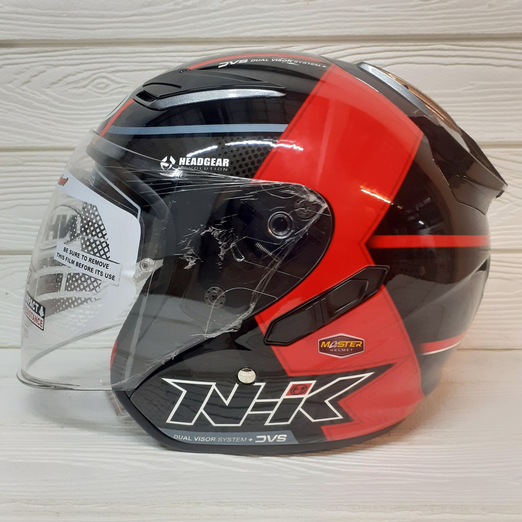 HELM NHK R1 MOTIF NAPOLEON BLACK RED  DOUBLE VISOR HALF FACE MERAH