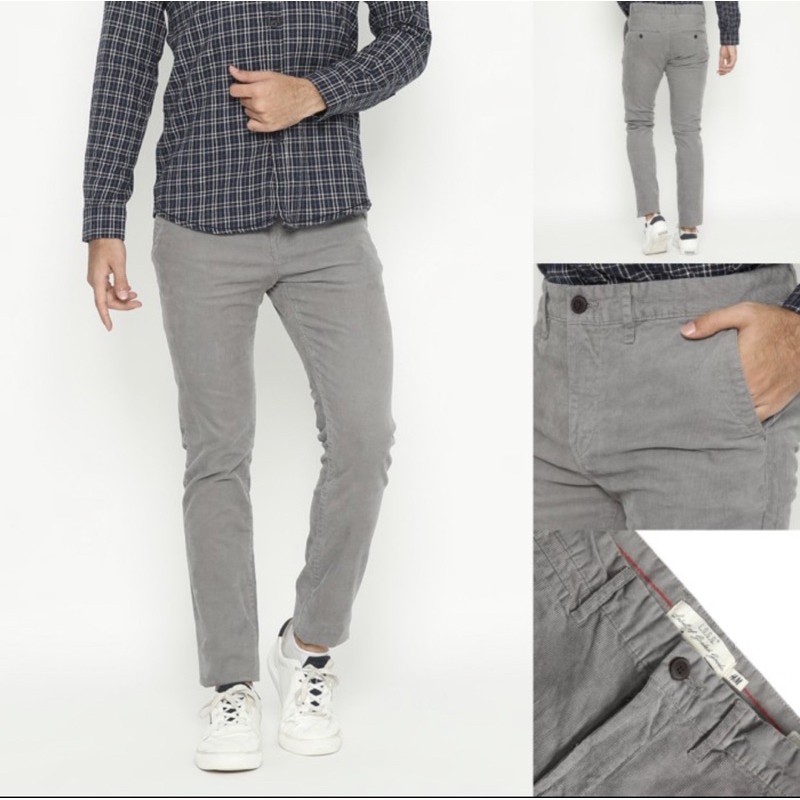 Celana H&M Skinny Fit Stretch Corduroy Pants Grey Original HnM Pria