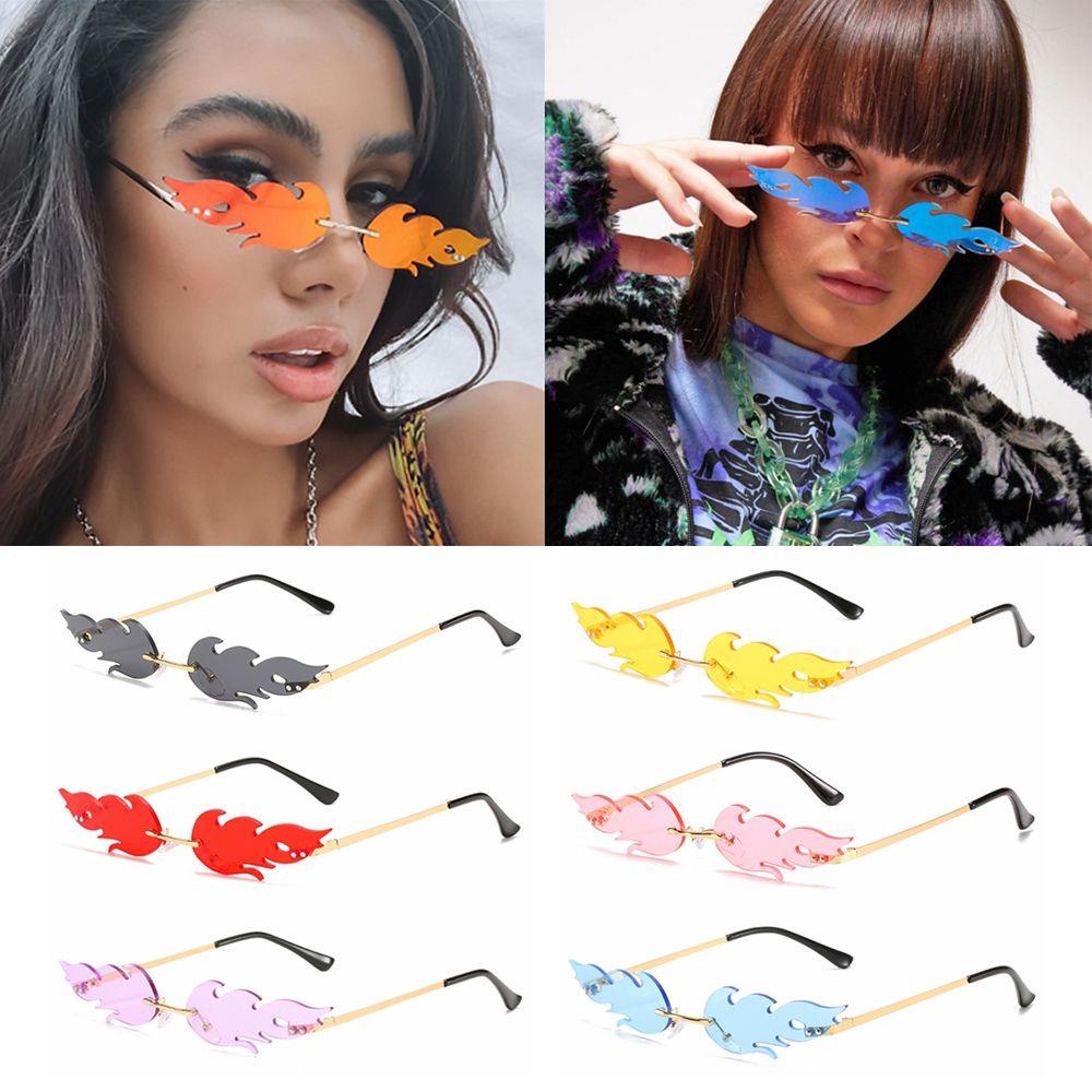 Lily Fashion Flame Sunglasses Trendy Cosplay Tanpa Bingkai Kacamata Logam Berbentuk Api