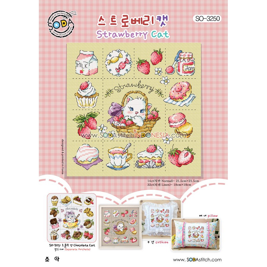 Paket DIY Craft Sulam Kristik Strimin Sodastitch SO-3250 - Strawberry Cat Kucing Kitten