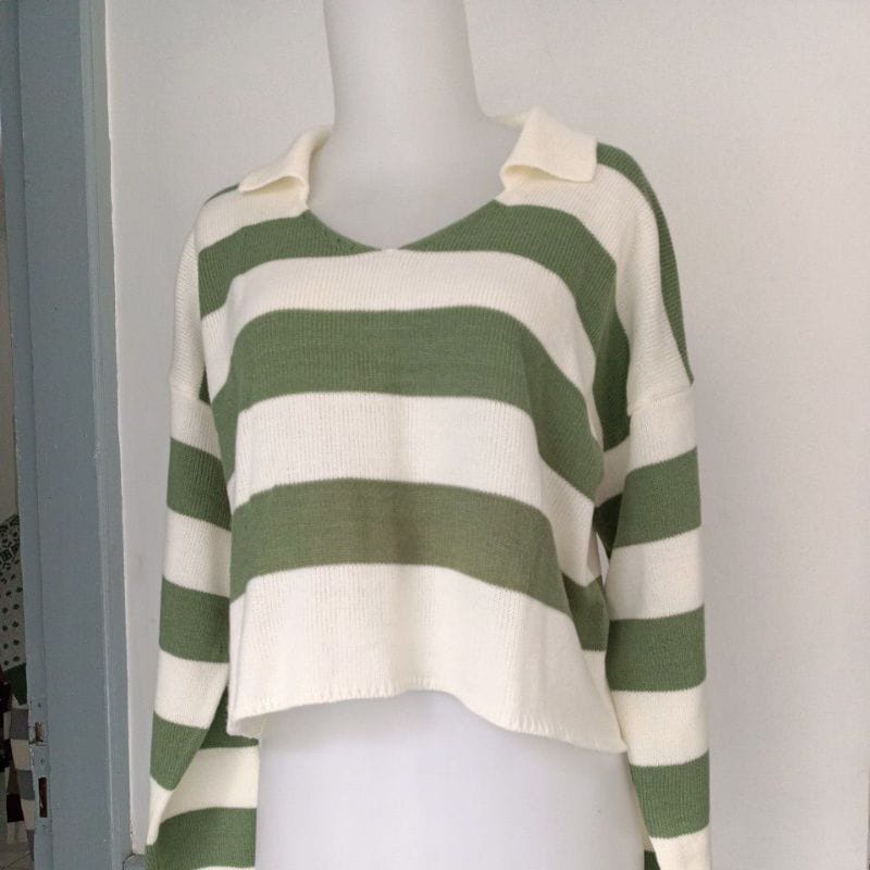 Sweater Fuji Crop Top / Fuji Blaster Rajut / Polo Knit Kerah Blaster / Atasan Rajut Wanita Blouse Oversize Stripe Garis