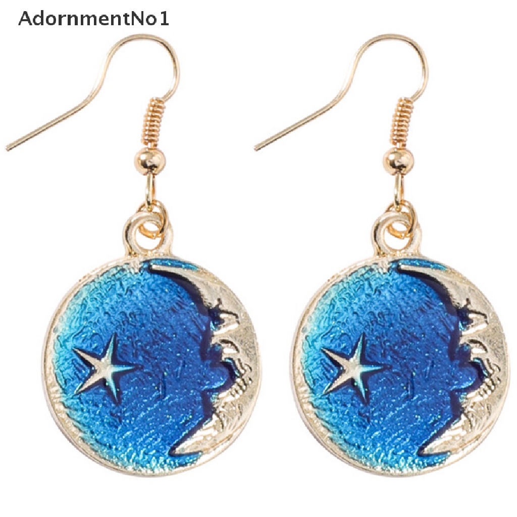 (AdornmentNo1) Anting Gantung Panjang Tusuk Motif Bulan + Bintang + Planet Biru Untuk Perhiasan Wanita