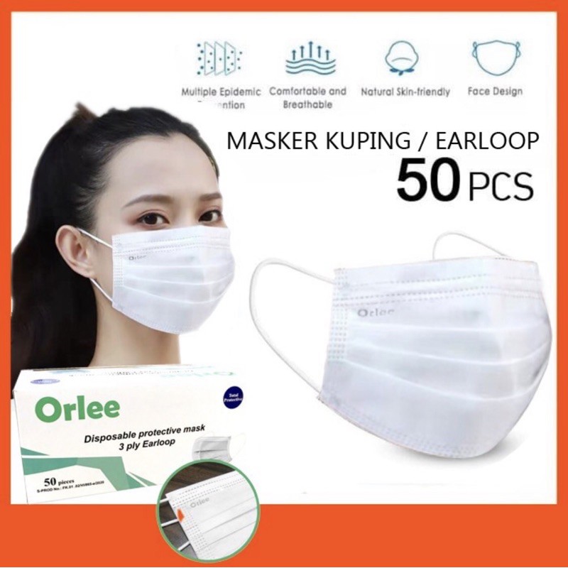 Masker 3 ply 3Ply Earloop ORLEE / Surgical Disposable Mask / Kemenkes Putih Biru Pink Hitam Abu Medi