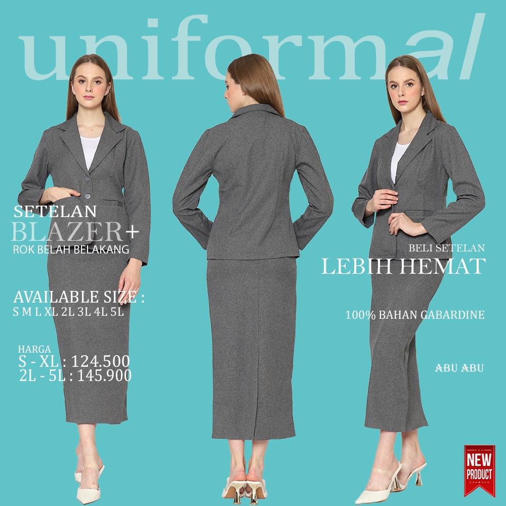 Setelan Blazer Dan Rok Set Panjang BELAH BELAKANG Wanita, Blezer Hitam Abu S - XL Stelan Perempuan Formal Kantor Kerja Korea Bahan Gabardine Import READY STOCK