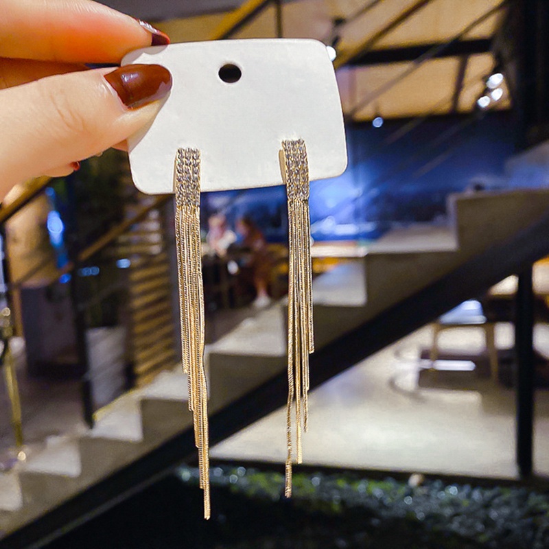 Anting Rumbai Panjang Aksen Berlian Imitasi Gaya Korea