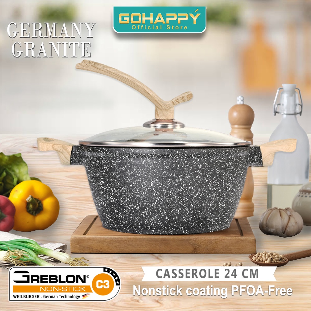 Panci Gebron Casserole Gohappy GHG86 24cm Dice cast Marble Best Quality