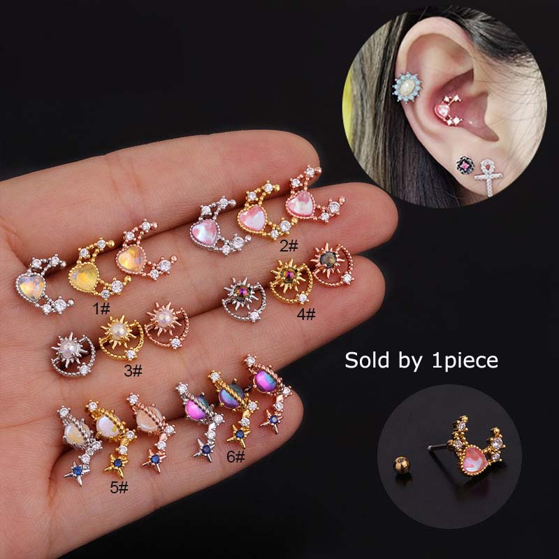 1piece Helix Conch Pinna Tragus Earrings Piercing 20G Cartilage Earrings Stud Stainless Steel with Zircon