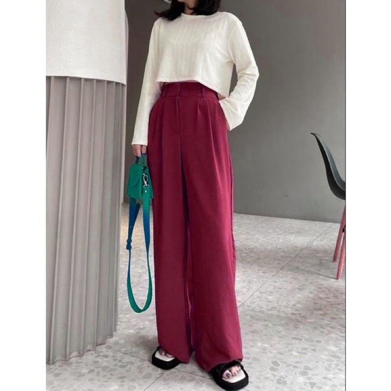CELANA KULOT CRINKLE HIGWAIST WANITA LOOSE CULLOTE PANTS-Loose maroon