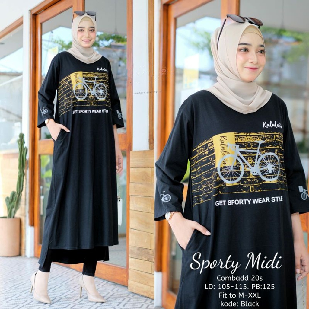 BAJU SPORTY MIDI UKURAN JUMBO VIRAL APLIKASI SABLON BAHAN KAOS KATUN COMBED 24s UKURAN  XL DRESS MUSLIM TERBAU 2022 GAMIS WANITA HITAM JUMBO VIRAL ATASAN WANITA CASUAL