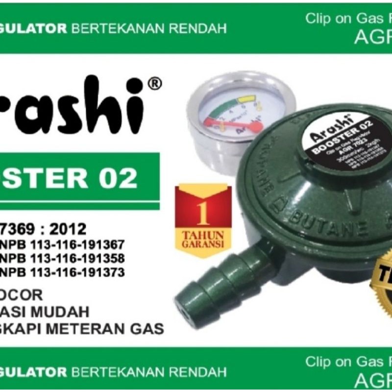 Regulator/ Kepala Gas Elpiji/LPG + Meter ARASHI Type BOOSTER 02 SNI