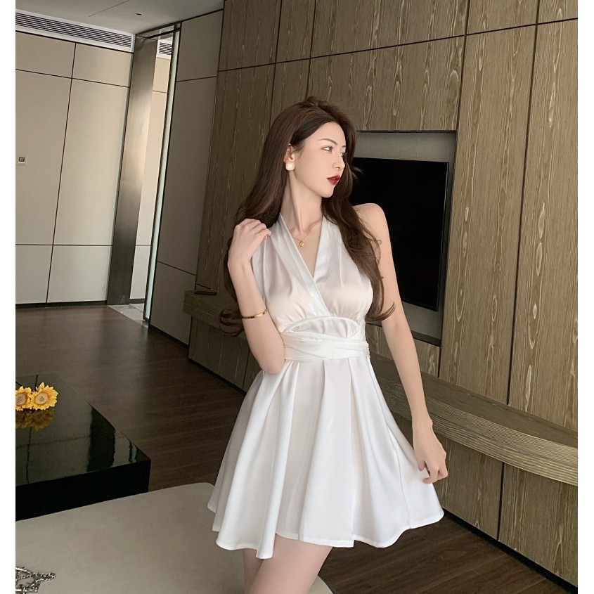 Suhao Superfine Rok Pendek Gaya Perancis Musim Panas Gaya Baru Off-Sleeve Strap Neck V-Neck Gaun Pinggang Tanpa Lengan Wanita