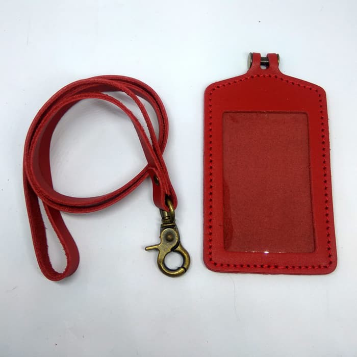 gantungan ID card kulit asli merah - tali id card holder - PHID213