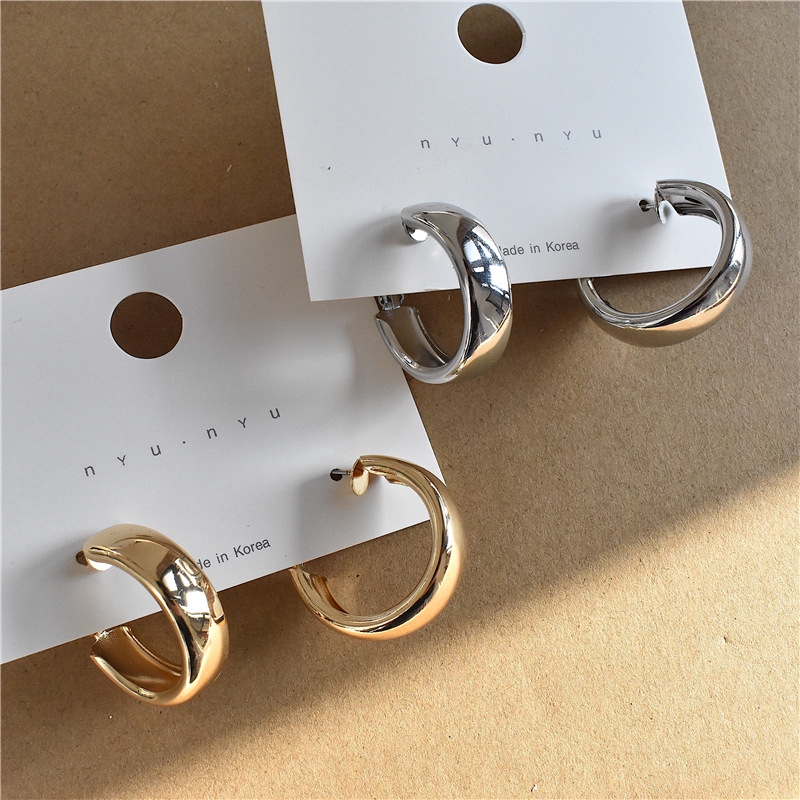 S925 Jarum Perak Oval Chunky Hoop Earrings Emas / Perak Padat Terbuka Hoops Logam Huggie Stud Earrings