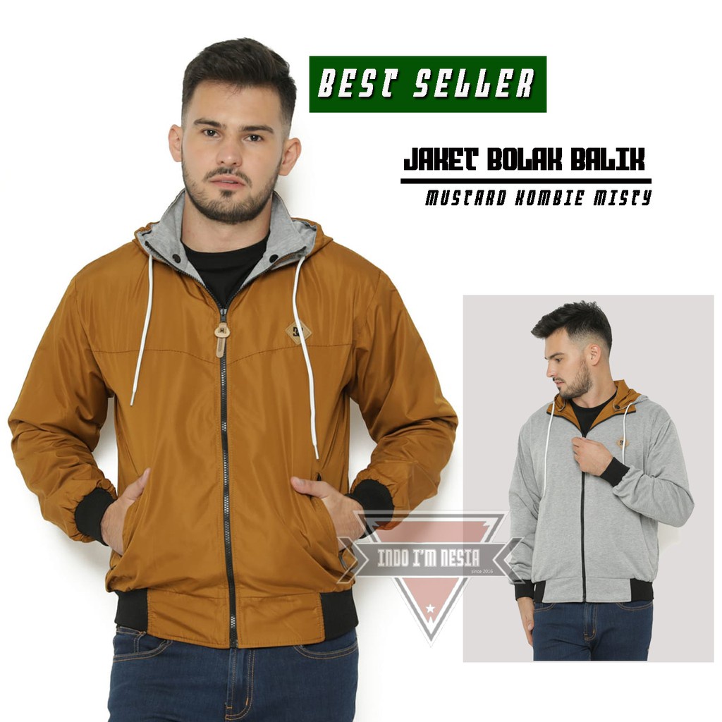 JAKET BOLAK BALIK 2IN1 JAKET MOTOR JAKET BB JAKET PARASUT JAKET PRIA WANITA JAKET DISTRO PRIA WANITA-DC MUSTARD - ABU M/L
