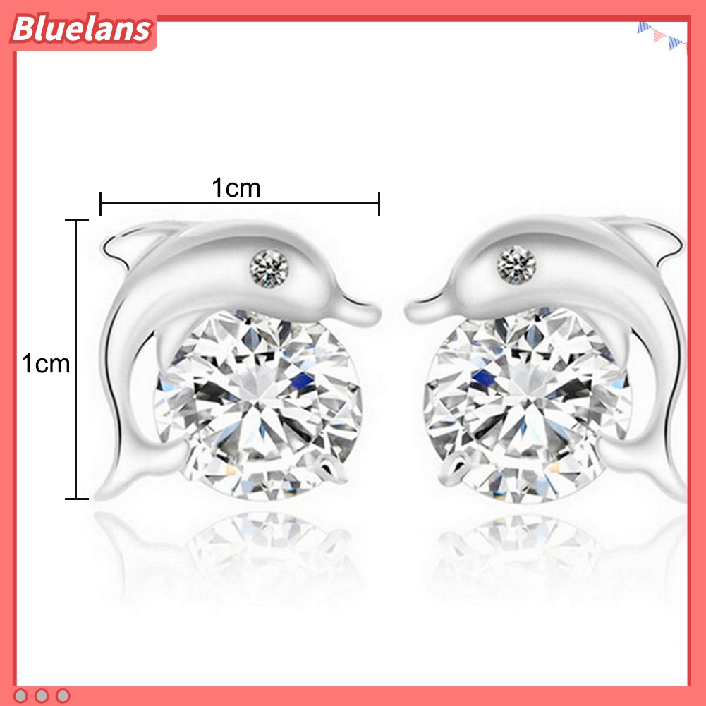 Anting Stud Bentuk Lumba-Lumba Bahan Cubic Zirconia Lapis Silver Untuk Wanita