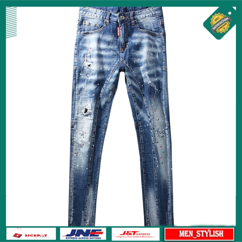 Celana Jeans Panjang Pria American Streetwear Fashion  Light Blue Painted Ripped Trousers Spliced De