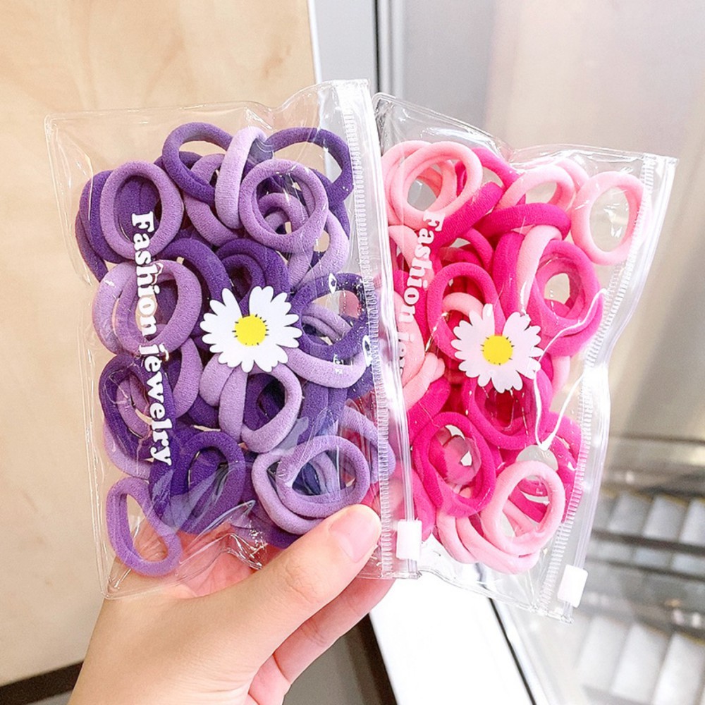 OVERFLOWS.ID 50 Pcs Tali Rambut Donut Dengan Pouch Bunga Daisy Import Ikat Rambut Set Import