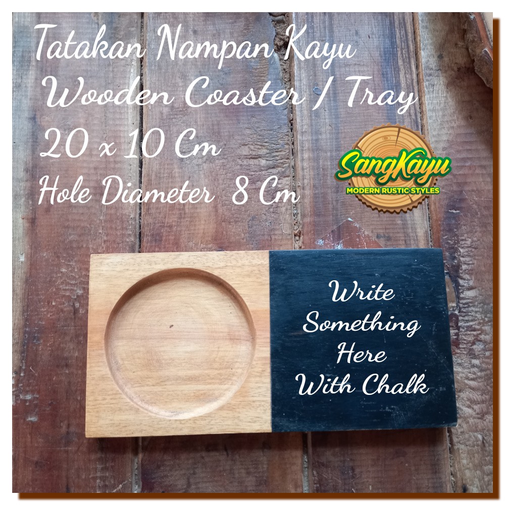 Wooden Coaster + chalk board 20x10cm tatakan cangkir kopi nampan kayu