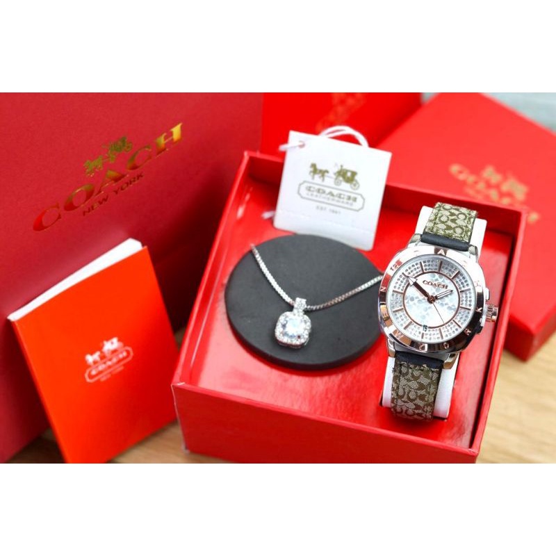 JAM TANGAN WANITA COACH KULIT TANGGAL AKTIF FREE KALUNG DIAMETER 3,5CM + BOX + BUKU + PAPERBAG