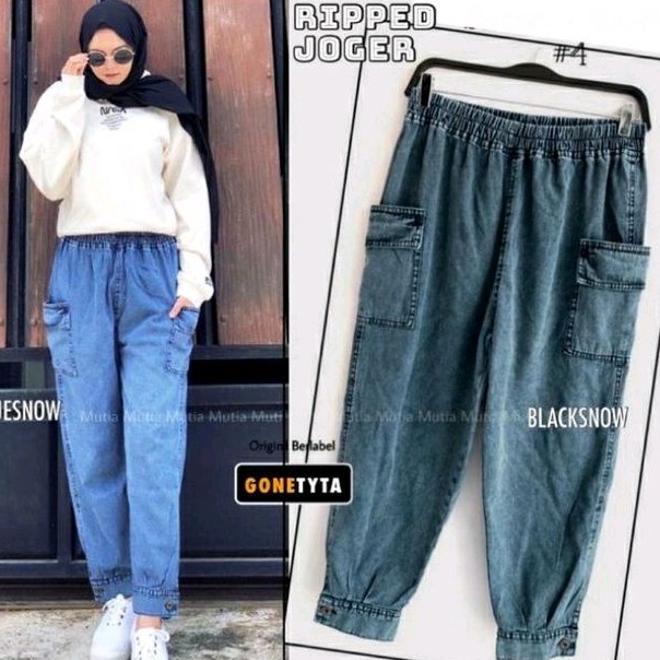 AFAREEN - Jogger Jeans Cargo Ripped Boyfriend Jeans Cargo Baggy Jeans Wanita Jumbo BB 70-100 Kg