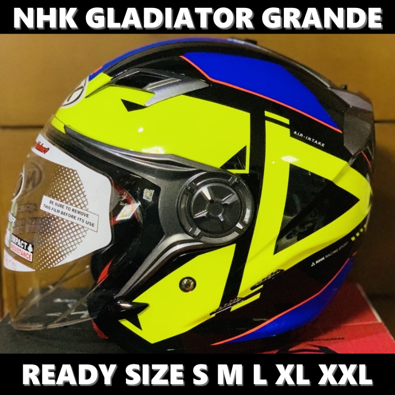 Helm NHK Gladiator Grande Black Yellow Glossy Double Visor Half Face