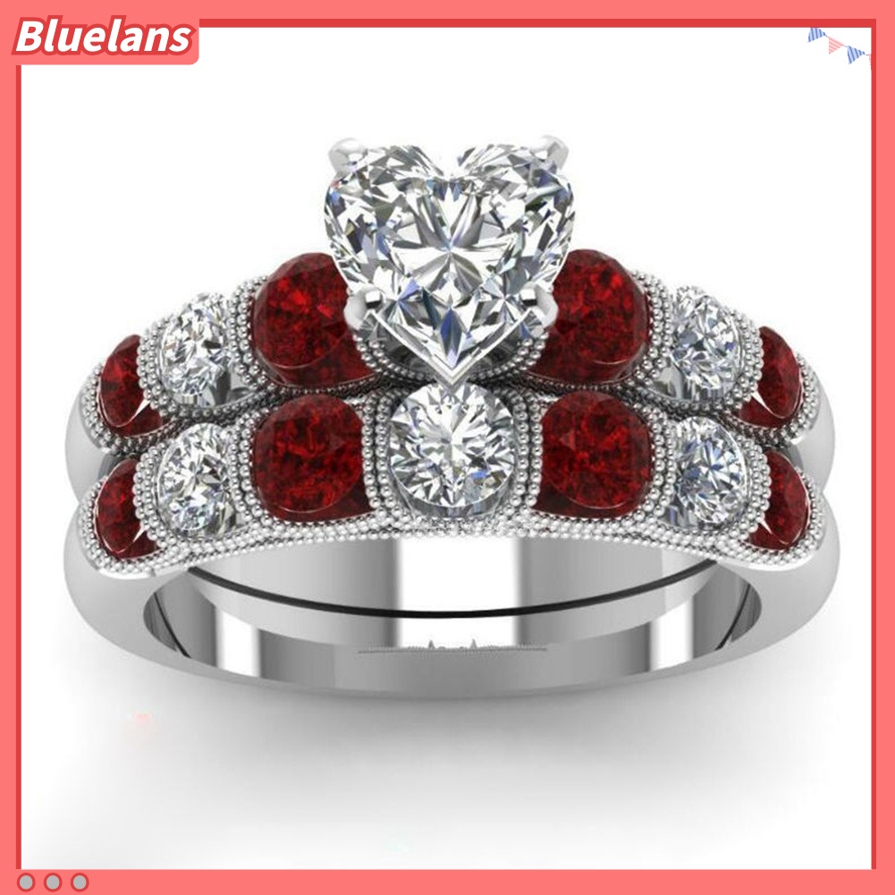 Bluelans 2Pcs / Set Cincin Gaya Retro Motif Hati Aksen Ruby + Berlian Imitasi Untuk Perhiasan Wanita